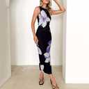 Bodycon Mesh Dresses for Women Sleeveless Midi Floral Tie Dye Dress Side Slit Wedding Cocktail Party Dresses Small, Black