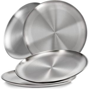 Sumerflos 304 (18/8) Stainless Steel Dinner Plates, 10" Round Salad Plates, Serving Plate for Home Kichten, Outdoor Camping, Snack, Pizza and BBQ - Set of 4