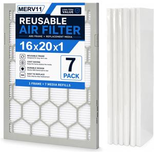 OlitAir 16x20x1 MERV 11 Air Filter,AC Furnace Air Filter,Reusable ABS Plastic Frame, 7 Pack Replaceable Filter Media (Actual Size: 15 3/4" x 19 3/4" x 3/4")