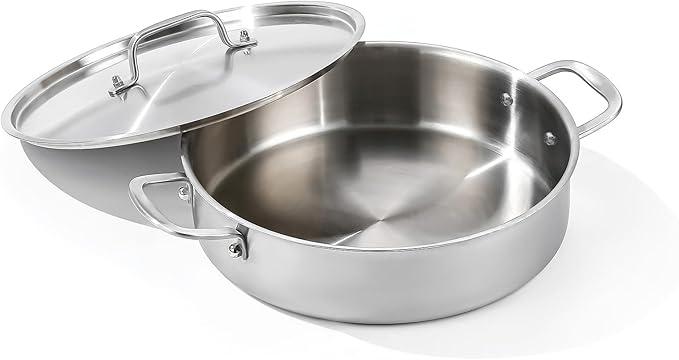 DELARLO Tri-Ply Stainless Steel 6 Quart Braiser Pan with Lid Induction Rondeau Pot With Lid 12inch Deep Frying Pan Large Saute Pan Heavy Duty Style Compatible With All Cooktops Up to 650℉