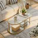 Wolawu Coffee Table Gold Glass Coffee Table for Living Room,2 Tiers Oval Center Table with Sturdy Metal Frame,Modern Tempered Glass Accent Table for Bedroom Home Office