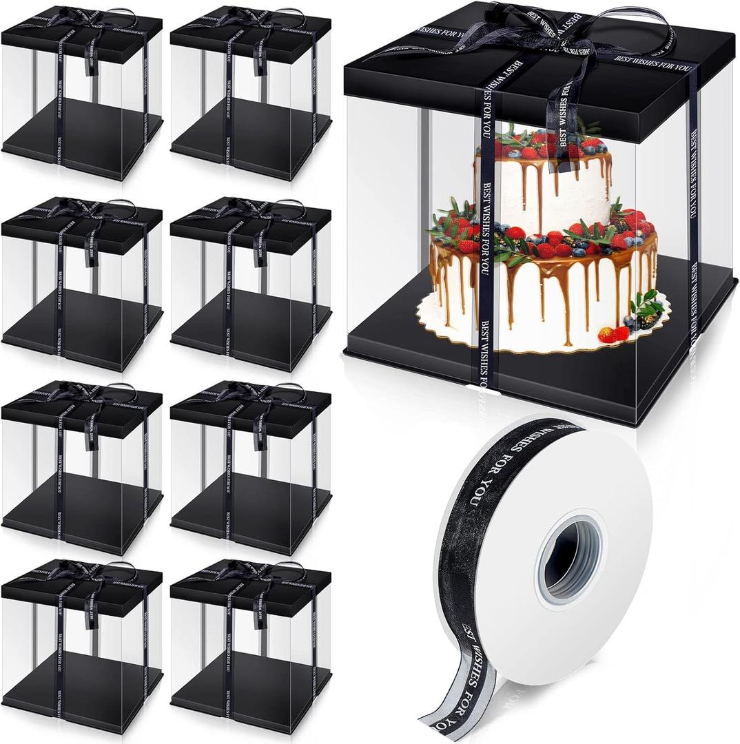 9 Pcs Large Cake Pet Clear Box with Ribbon and Pre Folded Lid, 10 x 10 x 9 Inch Tall Cake Box for 8 Inch Cake of Bakery Pastries Baking Cookie Display, Gift Packing, Birthday Wedding Party (Black)