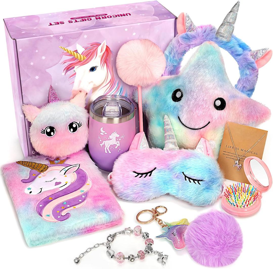 Unicorns Gifts for Girls 5 6 7 8 9 10+ Years Old, Kids Toys Set for Teens Girls Birthday Gifts Christmas, Unicorn Toys with Light Up Soft Plush Star Pillow, Diary Notebook, Headband, Water Bottle