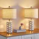 22" Ceramic Table Lamps Set of 2, Modern Coastal Bedside Lamps, Farmhouse Desk Lamps Beige and White, with Main & Night Light, Bulbs Included, for Bedroom, Living Room, End Table H12TL05
