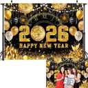 Happy New Year 2026 Black Gold Backdrop 2026 New Year Eve Countdown Photo Background Cheer to 2026 Party Decoration Banner Photo Supplies (Gold, 82x59inch (7x5FT))