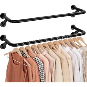Sakugi Pipe Clothing Rack - 37.5" Clothing Racks for Hanging Clothes with Dual Flange Base, Multifunctional Wall Mounted Clothes Rack for Bedroom, Entryway, Balcony, Black, 2-Pack