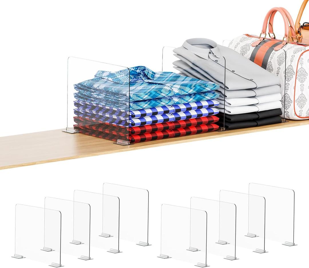 Yieach 8 Pack Acrylic Shelf Dividers for Closet Organization - Suitable for All Cupboard,Wood Shelves -Clear Closet Dividers for T Shirt,Towel,Bag,Purse Dividers,Handbag Organizer,Sweater Organizer