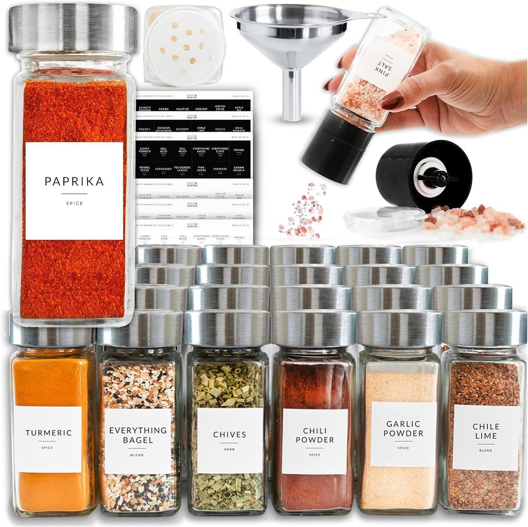 SAVVY & SORTED Glass Jars with 24PK 4oz Containers for Herbs and Seasonings  Includes Pepper Grinder, 374 Labels, Funnel, Shaker Lids & Empty Bottles
