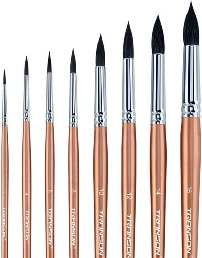 Transon 8pcs Round Watercolor Paint Brush Set Goat Hair for Watercolors, Acrylics, Inks, Gouache, Oil and Tempera (Champagne)