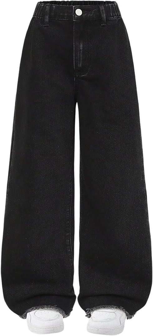 GORGLITTER Girl's Baggy Jeans Cute Wide Leg Denim Elastic High Waisted Pants Bottoms Trousers with Pockets (Black). 12 Years