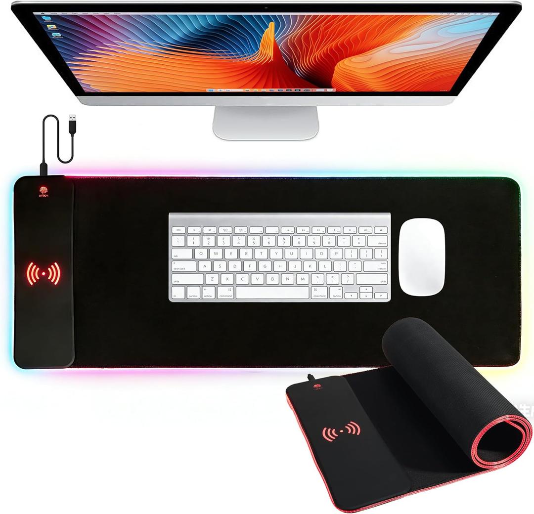 YUECHCASES 15W Wireless Charging RGB Gaming Mouse Pad, XXL Large Desk Mat (31.5" x 11.8" x 0.16") with 13 Light Modes, Compatible with iPhone 17/ 16/ 15/ 14/ 13/ 12/ 11, Samsung S23, and AirPods