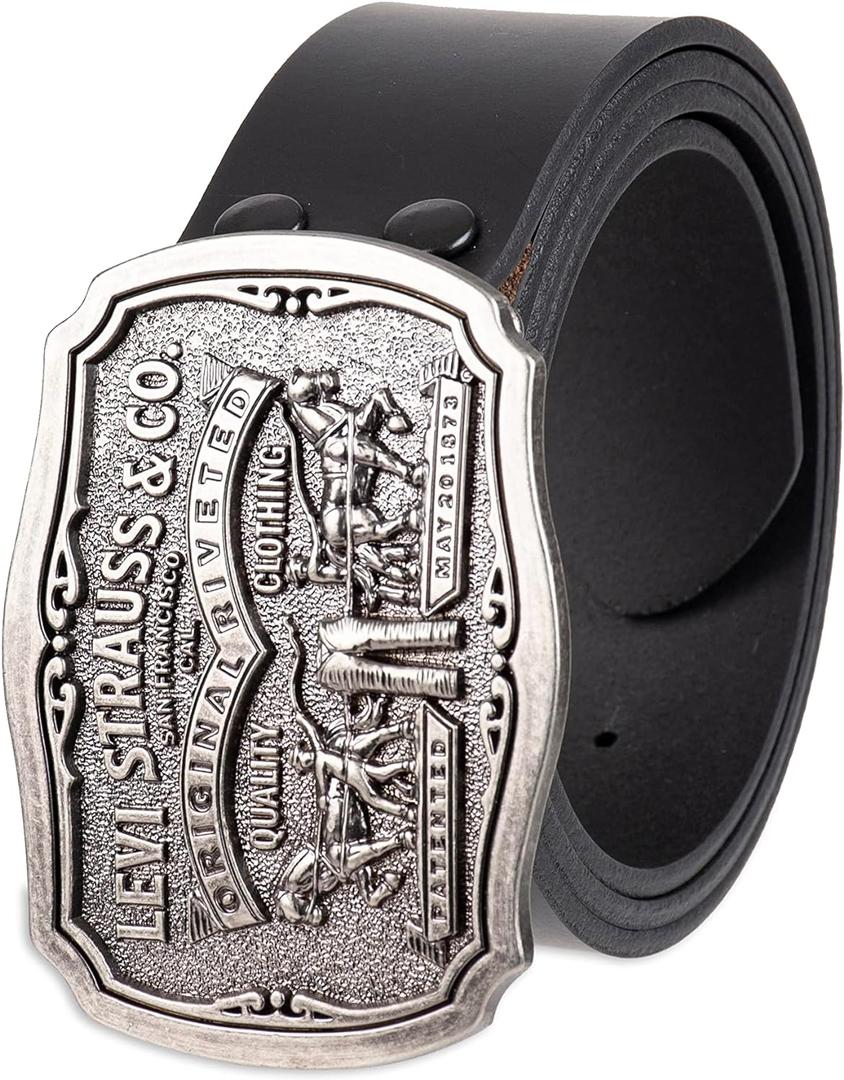 Levi's Mens Leather Jean Belt with Removable Plaque Buckle - Big Buckle, Cowboy belt (Black)