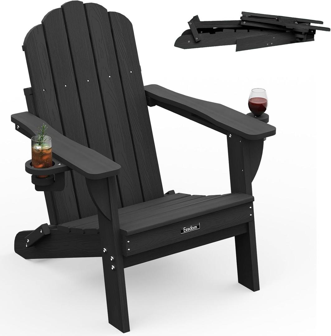 Folding Adirondack Chair, HDPE Adirondack Chair with 2 Cup Holders, Easy Assembly Outdoor Chairs for Patio, Garden, Poolside, Black