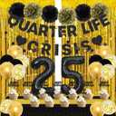25th Birthday Party Decorations for Women - Black "Quarter Life Crisis" Banner, Number 25 Balloons, Cupcake Toppers, Tablecloth and Tissue Pom Poms - Chic 25th Party Supplies (Black&Gold)