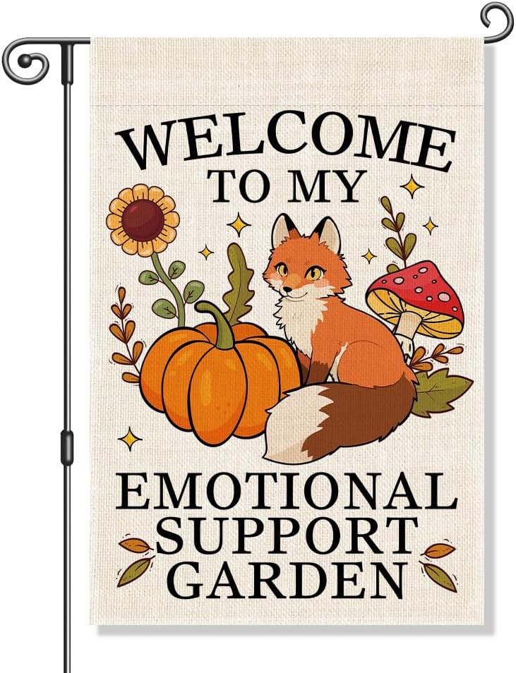 Welcome to My Emotional Support Garden Flag, Cute Fox Fall Pumpkin Yard Decor, Kindness Community Welcome Yard Home Holiday Farmhouse Outdoor Decor, Thanksgiving Flag Gifts for Fox Lovers