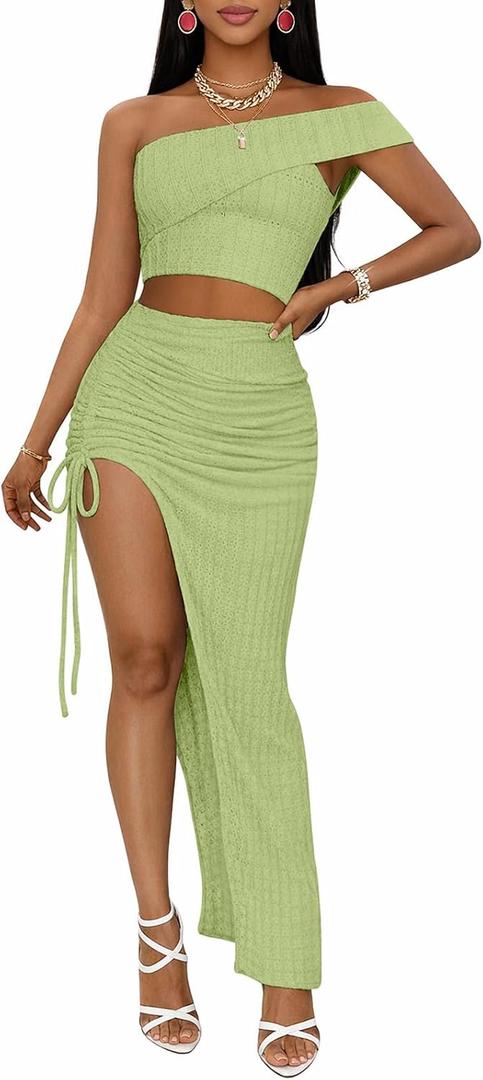 Sexy 2 Piece Maxi Skirt Sets for Women Off Shoulder Crop Top Bodycon High Slit Skirt Beach Dresses Summer Outfits (Green, M)