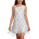 WELAKEN Girls One Shoulder Sequin Fringe Flapper Dress with Side Zipper Silver 6-7