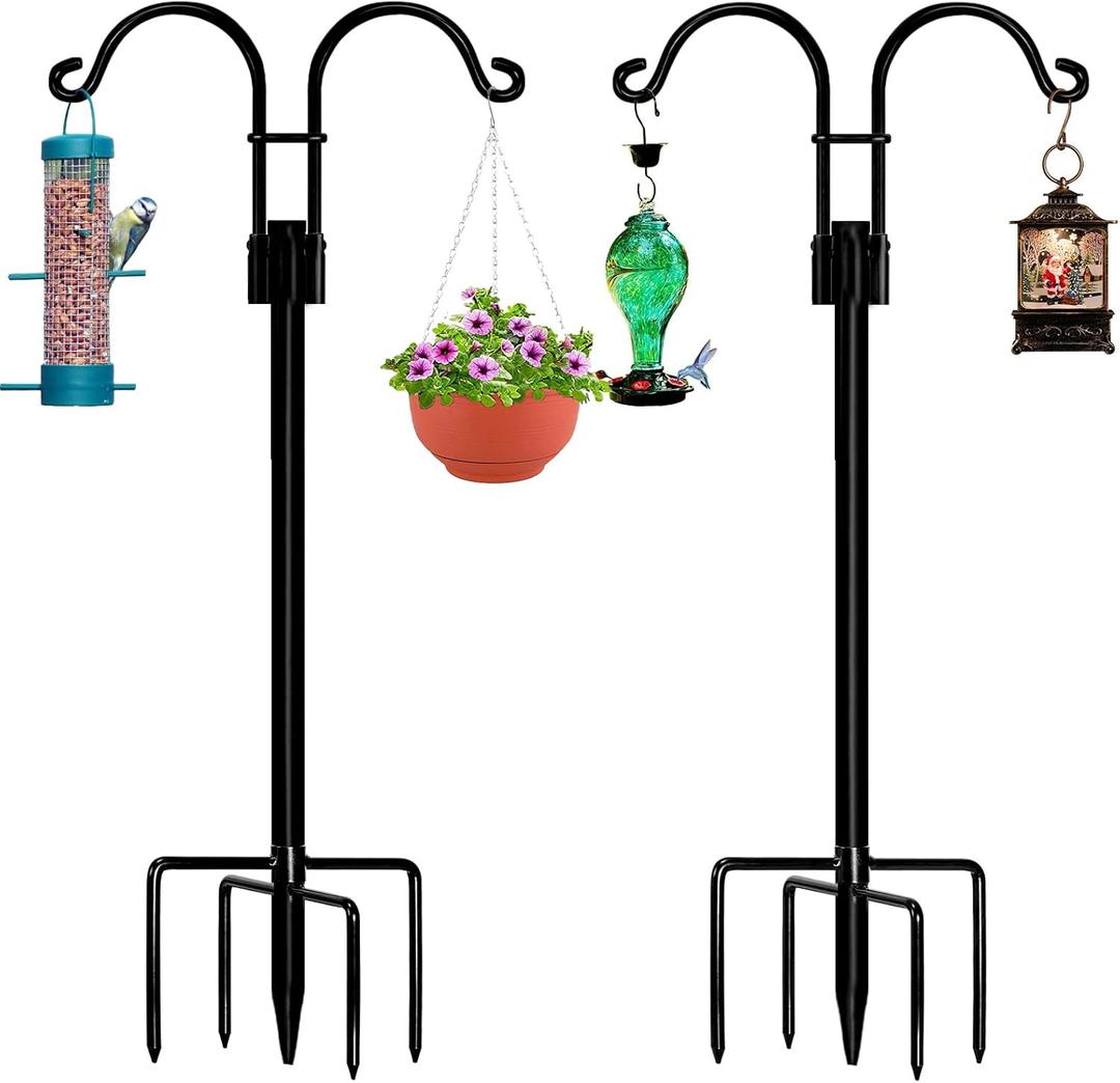 Double Shepherds Hooks for Outdoor, 2 Pack 76 Inch Bird Feeder Pole with 5 Prongs Base, Heavy Duty Garden Hook for Hanging Plant, Lantern, Hummingbird Feeder Double Shepherds Hooks for Outdoor, 2 Pack 76 Inch Bird Feeder Pole with 5 Prongs Base, Heavy Duty Garden Hook for Hanging Plant, Lantern, Hummingbird Feeder