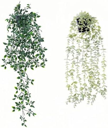 Freyalife 2 Pcs Fake Hanging Plants for Room Decor, Artificial Potted Plants for Aesthetic Office Living Bedroom Kitchen Patio Bathroom Bookshelf Indoor Outdoor Decor