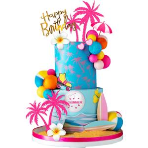 Summer Hawaiian Cake Topper with Beach Ball Sun Umbrella Goggles Beach Cake Decorations for Summer Holiday Theme Birthday Supplies (Surfboard)