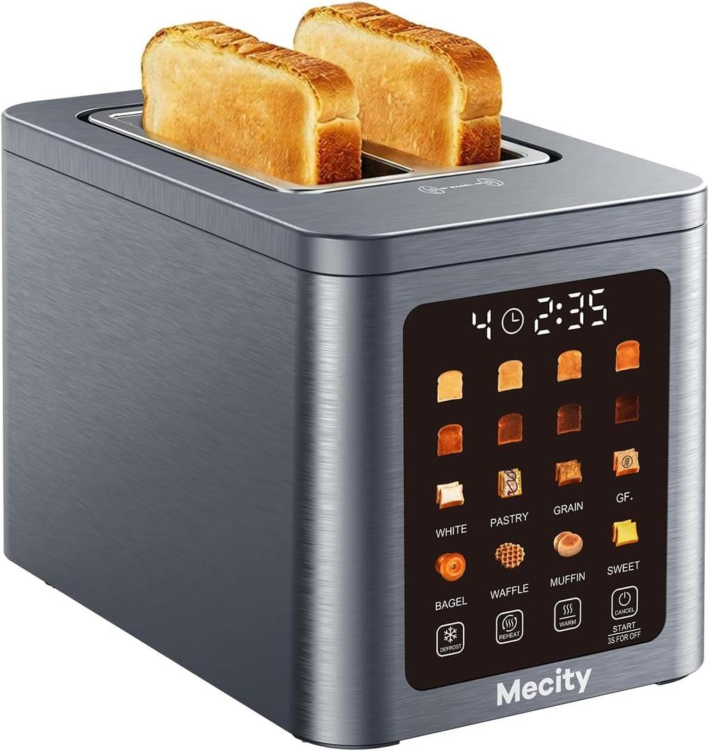 Mecity 2 Slice Smart Touchscreen Toaster, Stainless Steel Wide Slot Toasters with Auto Lift & 30-Minute Warm, Memory Function, Defrost & Auto Shutoff, Digital Electric Bread Toaster for Bagels