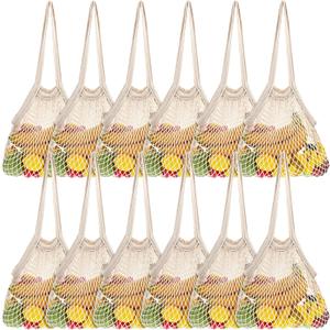 Lemecima 12 Pcs Reusable Cotton Mesh Produce Shopping Bags Washable Grocery Net Portable Fruit and Vegetable Cotton String Bags Long Handle Net Tote Organizer(Long Handle)