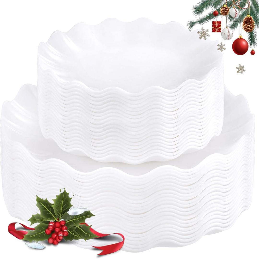 LIYH 50 Pcs White Scalloped Plastic Plates Reusable - Unbreakable Plastic Plates for Weddings Party Outdoor Picnics Dishwasher Safe BPA Free (25Guests)