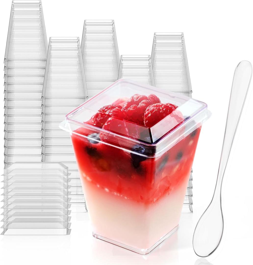 JOLLY CHEF 100 Pack 5oz Plastic Dessert Cups with Lids and Spoons, Clear Appetizer Cups for Parties, Disposable Square Dessert Shooter for Pudding Fruit Ice Cream