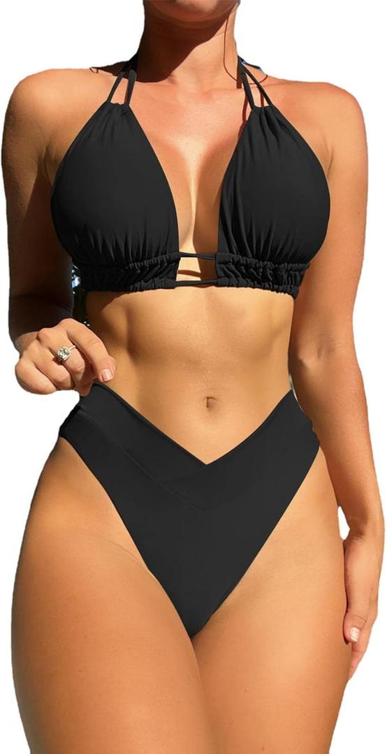 Meetall Cheeky High Cut Triangle Bikini Sets for Women Cute Halter Top Swimsuits 2 Piece (Large, Black)