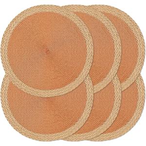 Noctiflorous Round Placemats Set of 6, 15 Inch Braided Hand Woven Table Mats, Heat Resistant Non-Slip Wipeable Wide Edge Place Mats for Kitchen Dining Indoor Outdoor Use(Orange, 6)