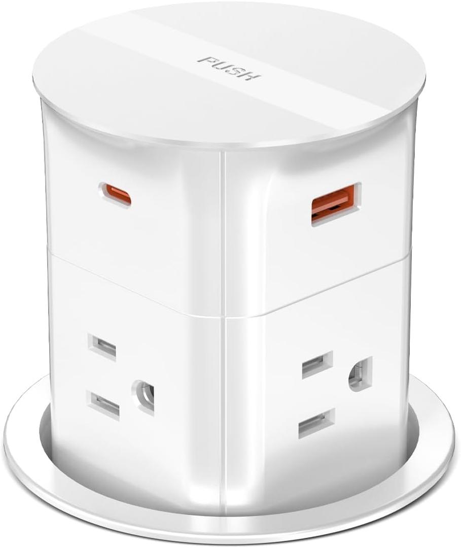 Pop up Outlet for Countertop with PD 20W USB C Fast Charging,3.15" Desk Grommet Power Station,4 Outlets,4 USB,Kitchen Island Pop Up Electrical Outlet, Office Power Supply (White)