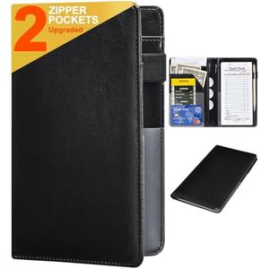 Leather Waiter Book Wallet with Zipper - Cute Waitstaff Organizer with Money Pocket Fit Server Apron (Classic Black)