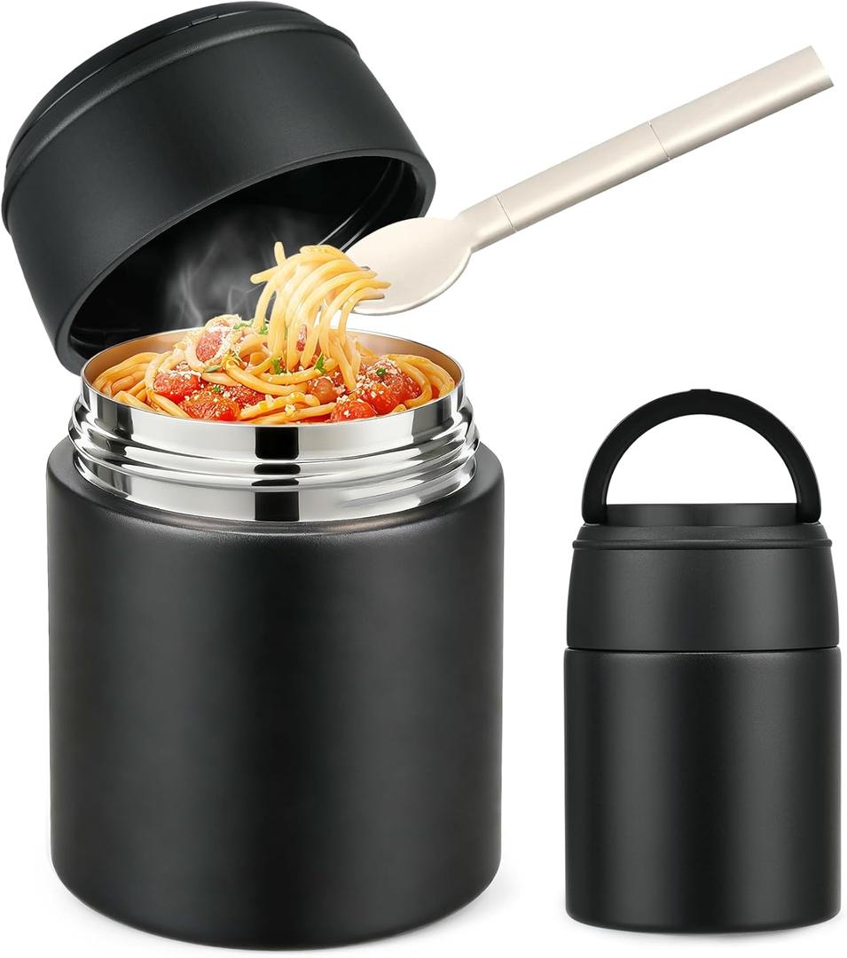 10oz Soup Thermo for Hot Food Kids Insulated Food Jar with Spoon Wide Mouth Stainless Steel Hot Food Container Leak Proof Kids Thermo for School Travel Picnic Black