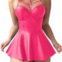 Foxiny Sexy Strappy Leather Underwire Choker Garter Belt Mini Lingerie Set Dress with Thong 3 Piece, Size L