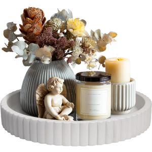 MAONAME Concrete Bathroom Vanity Tray, 11" Modern Gray Round Stone Tray, Small Decorative Trays, Dresser Organizer Trays for Home Decor, Living Room