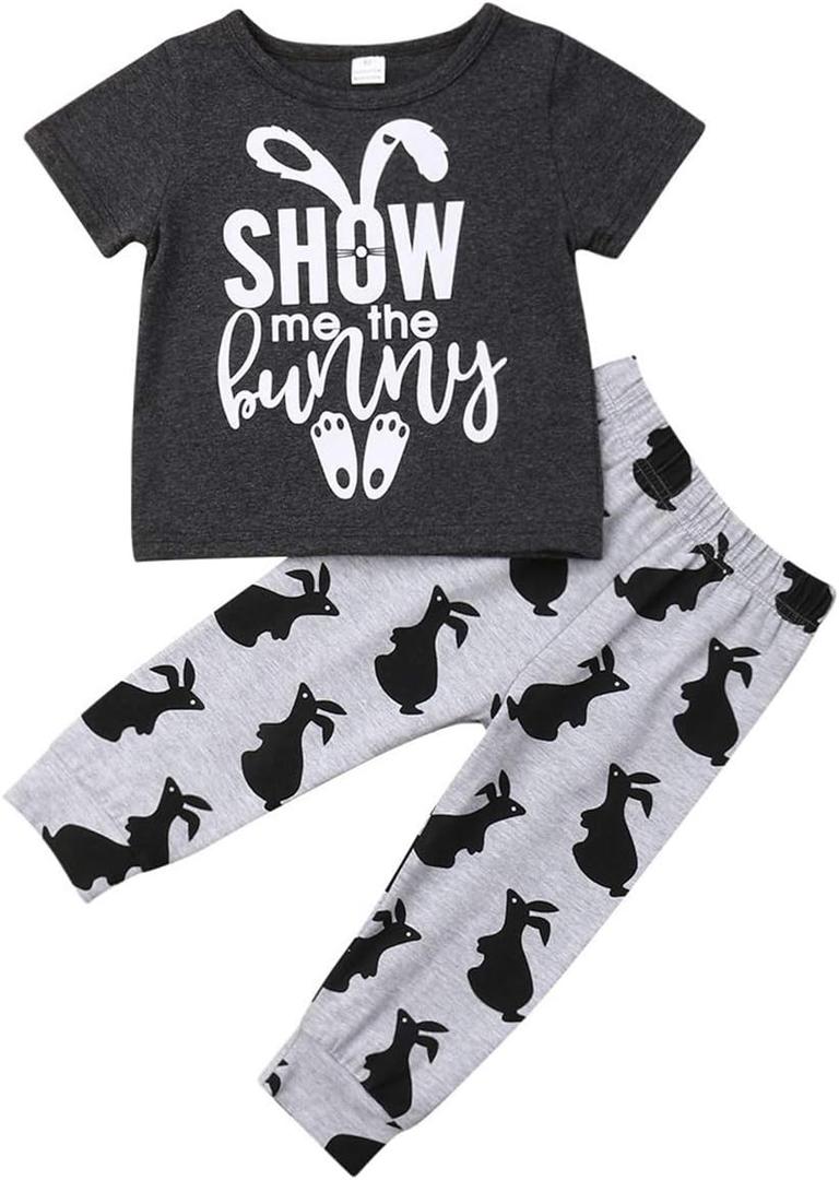 Kayotuas Toddler Infant Baby Boy Easter Outfit Bunny Letter Printed T-Shirt Tops and Jogger Pants Set Summer Clothes (Red)