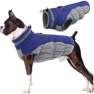 Lelepet Dog Coat Warm Dog Winter Coat Waterproof Dogs Jacket with Harness Built in Reflective Pet Fleece Vest Zip-Up Cold Weather Coats for Large Dogs Turtleneck & Windproof Coats Boston Terrier Blue