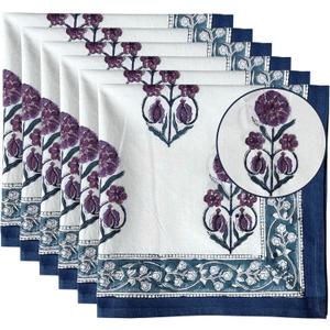 Hand Block White Cloth Napkins Set of 6  Elegant Cotton Napkins for Dinner, Weddings, Reusable Everyday Use  Decorative Floral Napkins Everyday for Kitchen & Home Decor (6, Purple, 18X18 Inches)