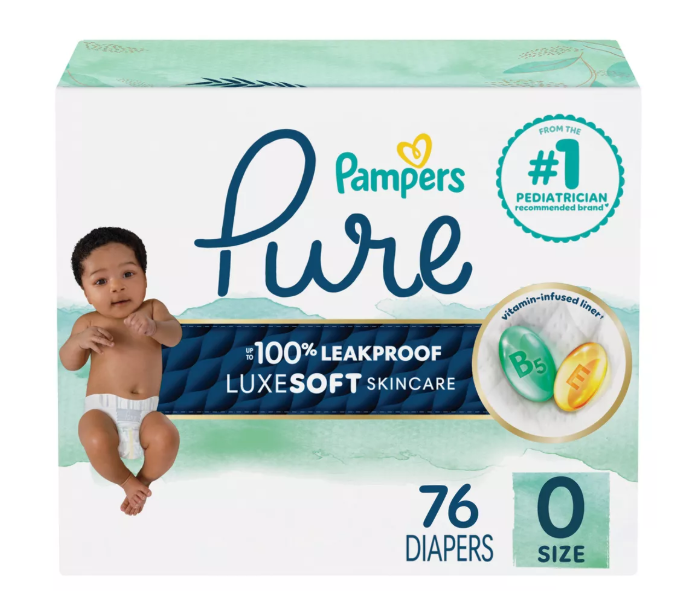 Pampers Pure Protection Baby Diapers, Size 0 (>10 lbs), 76 Count, Up to 100% Leakproof, Premium PlantBased Skin Protection, Hypoallergenic Soft Diapers