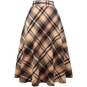 IDEALSANXUN Womens Plaid Wool Skirts Elastic Waist A-Line Pleated Tartan Long Skirts, Large