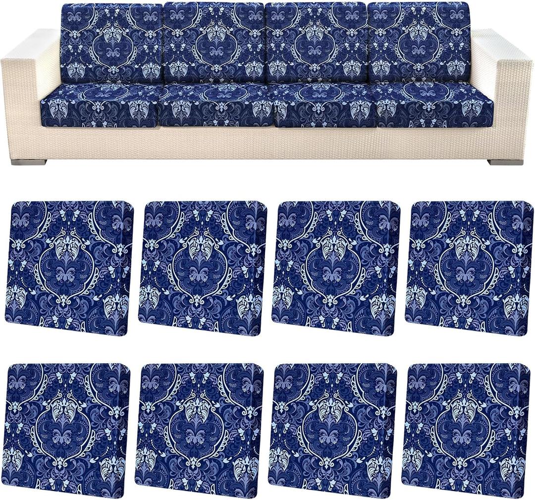 pickyNproud 8Pcs Patio Cushion Covers Stretch Outdoor Couch Cushions Slipcovers Replacement Washable Furniture Protector with Elastic Bottom Sofa Chair Seat Cover, Dark Blue