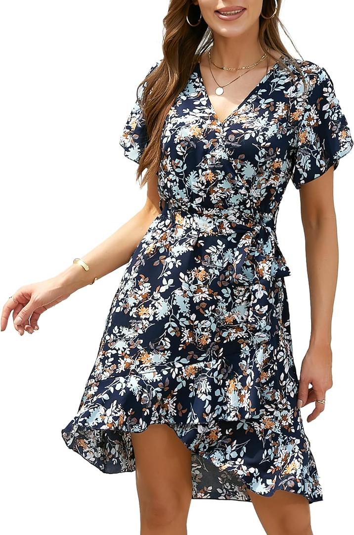 Womens Wrap V Neck Short Sleeve Dress 2025 Summer Floral Boho Dress Ruffle A Line Flowy High Low Midi Dresses (Blue, L)