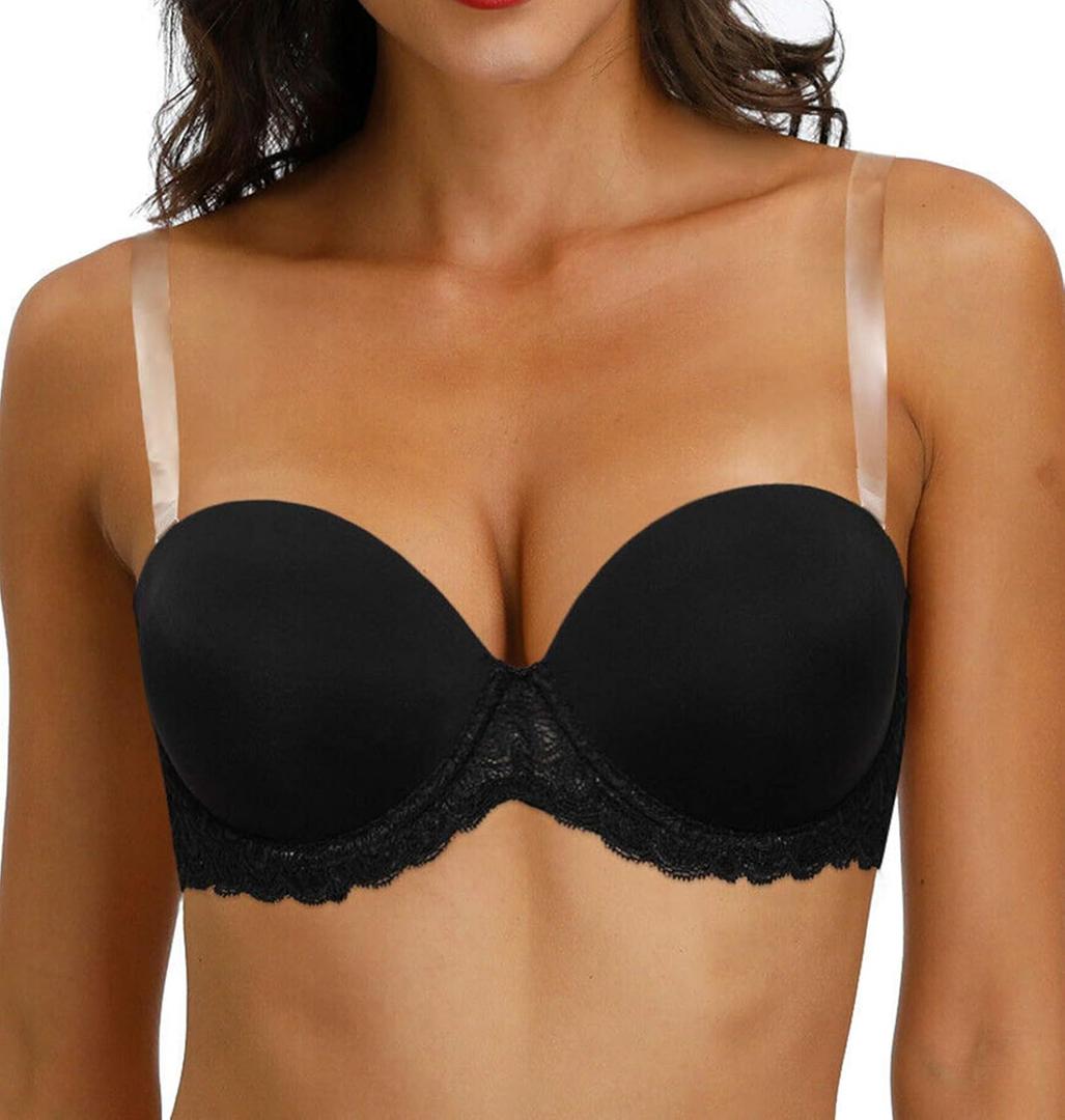 Strapless Clear Back Strap Convertible Bra with Lace Padded Underwired Plus Size Brassiere (Black), Size 36C