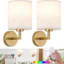 Battery Operated Wall Sconce Set of 2,Rechargeable Wall Lights with Remote Control,Wireless Wall Sconces with 3000mAh Detachable LED Bulb,15 Colours Dimmable Wall Lamp for Bedroom Living Room Hallway (Gold)
