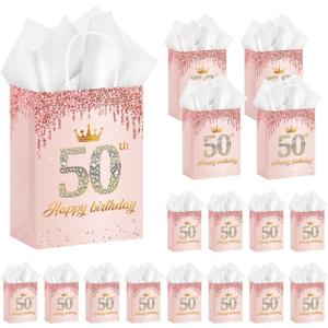 50Pcs 50th Birthday Party Favors Gift Bags Bulk Rose Gold Happy 50th Candy Wrap Bags with Tissue Paper Birthday Souvenir Bags for Guests Men Women Party Celebration Decorations Supplies (50th)