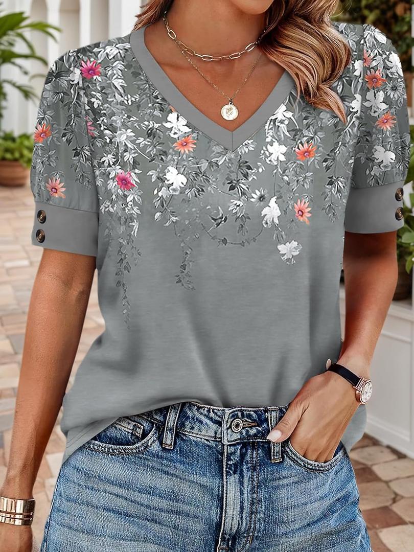 Womens Tops Short Sleeve Shirts Buttons V Neck Spring Fashion Summer Outfits Oversize Blouses Dressy Casual (Large, Grey Floral)