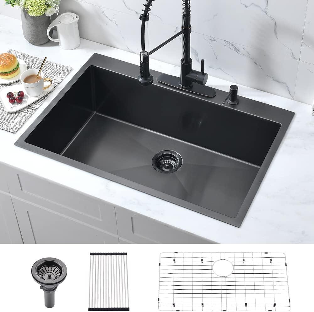 33-Inch Black Stainless Steel Drop-In Kitchen Sink - 33x22 Topmount Single Bowl With Dish Grid & Roll Up Rack - 16 Gauge Deep Matte Black