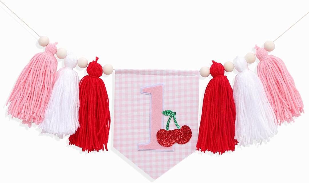 Cherry 1st Birthday High Chair Banner - Sweet One First Birthday Decorations for Girls, Cherry Sweet Yarn Tasse Highchair Banner