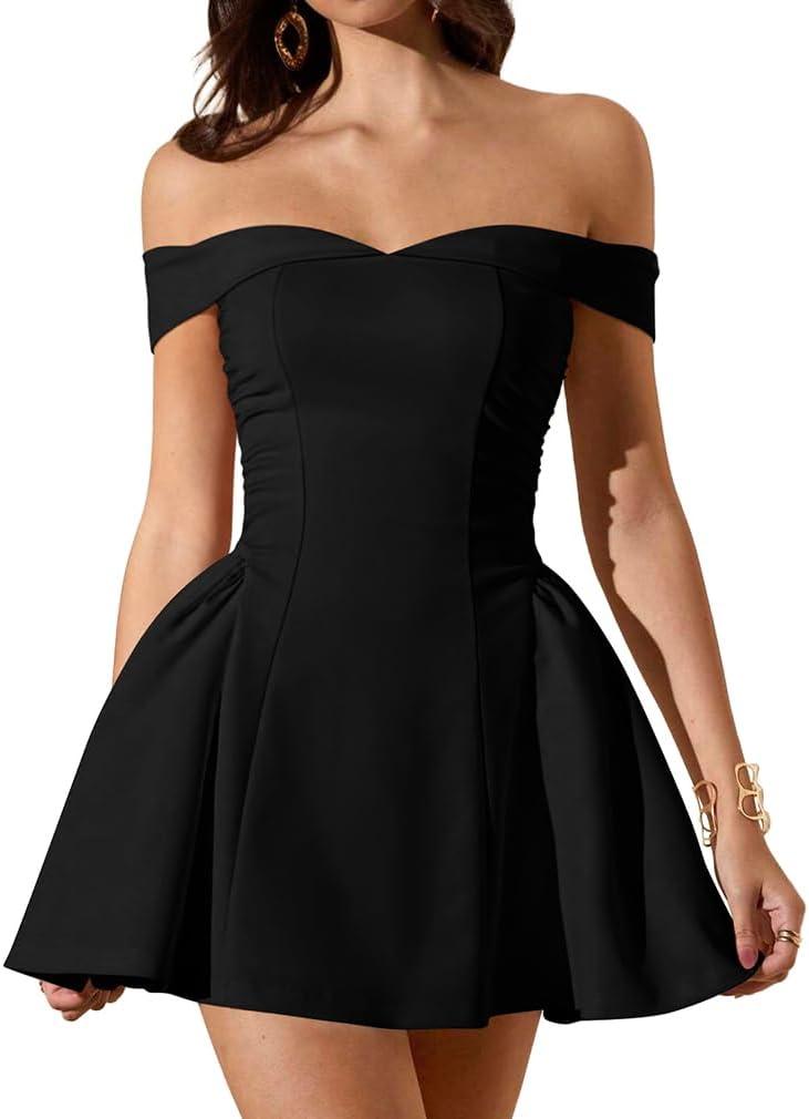 LAGSHIAN Women's Summer Classy Formal Sleeveless Off Shoulder A-line Cocktail Party Mini Dress, Size: X-Large