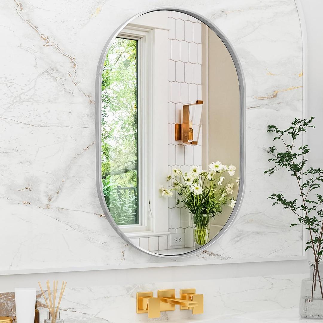 Suidia 22" x 30" Bathroom Mirror, Bathroom Vanity Mirror Metal Framed, Wall-Mounted Mirrors for Bedroom, Living Room, Entryway, Hallway, Silver, Oval Style